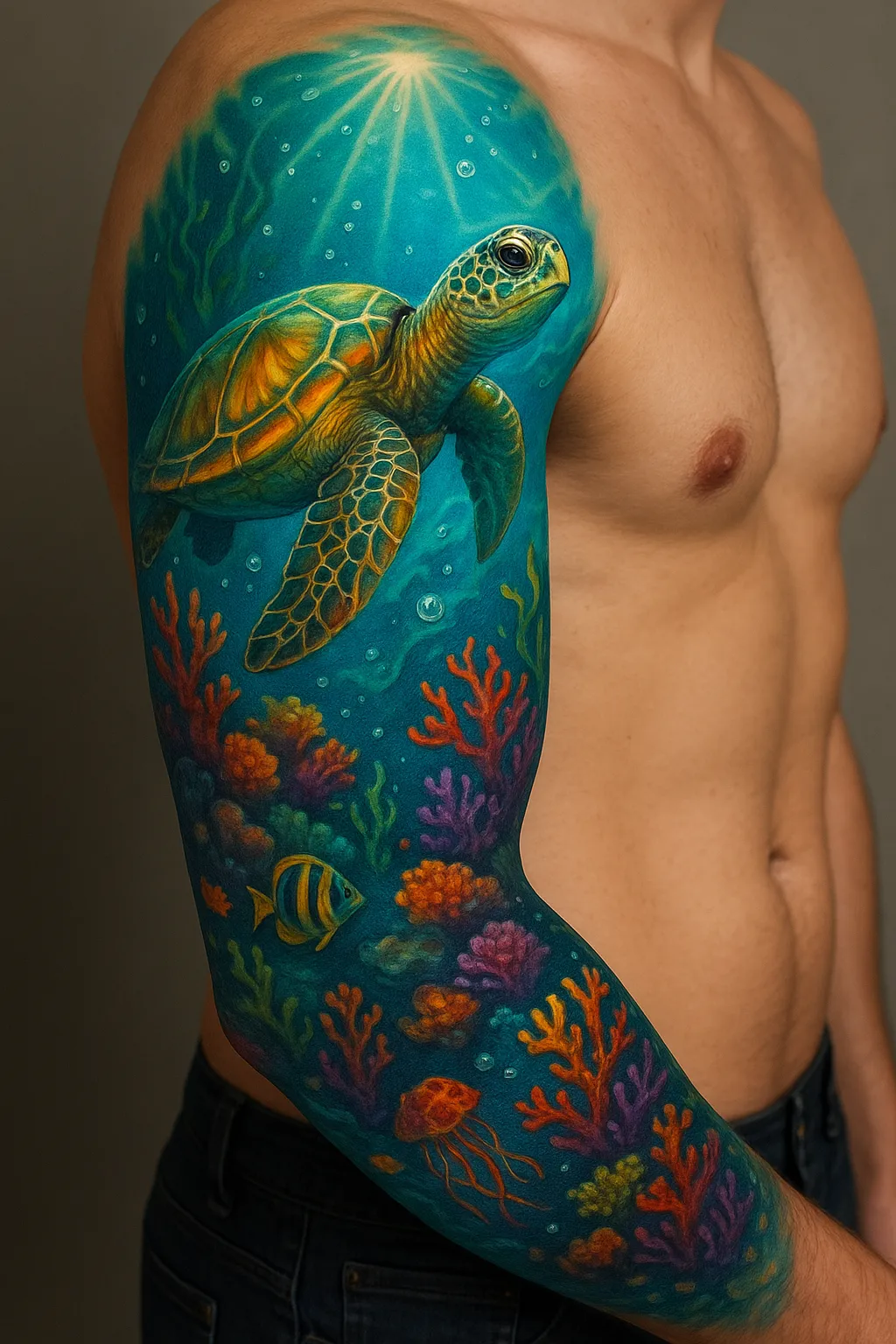 Vibrant Oceanic Sea Turtle Sleeve Tattoo