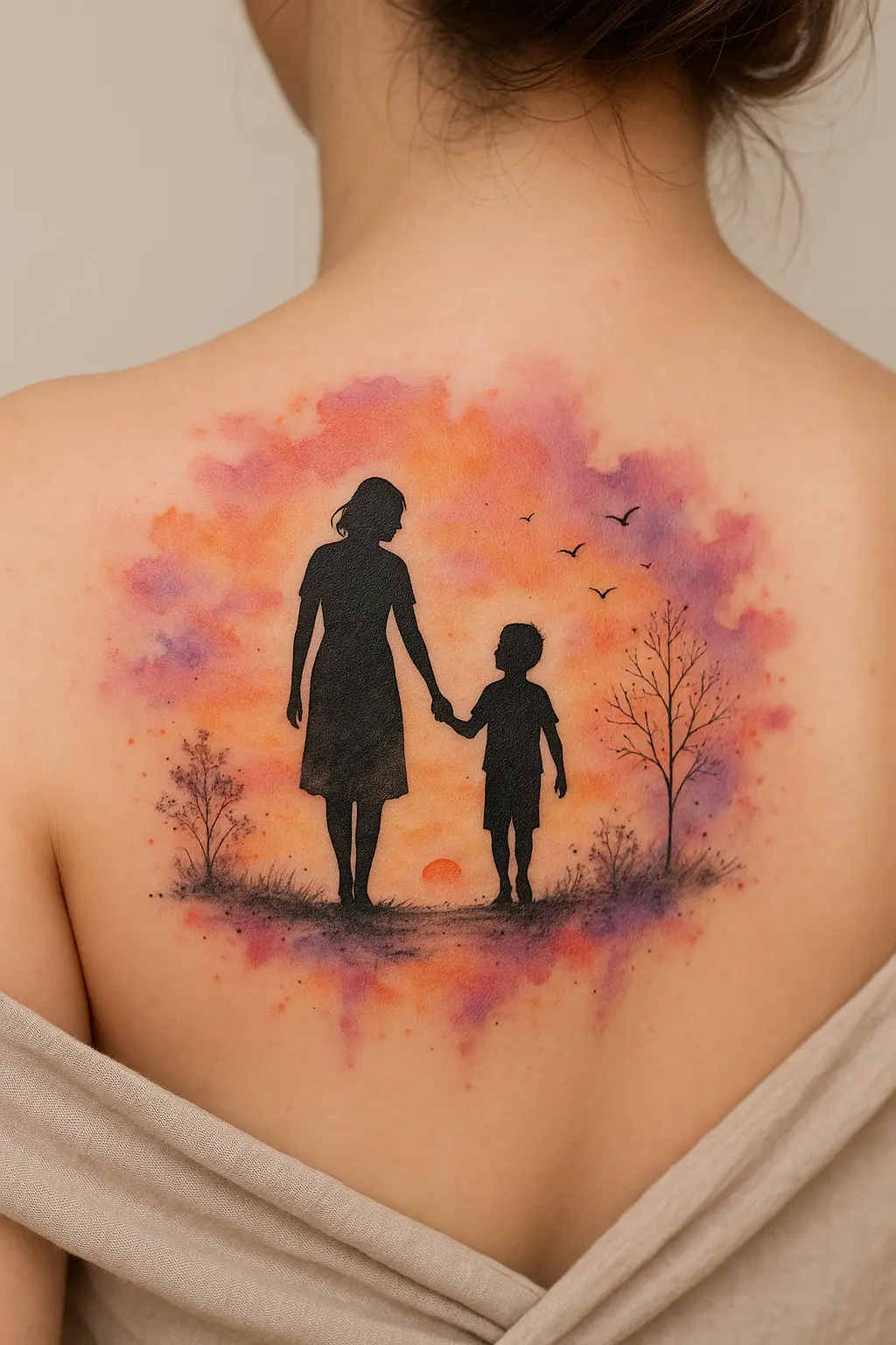 Watercolor Sunset Mother and Son Tattoo