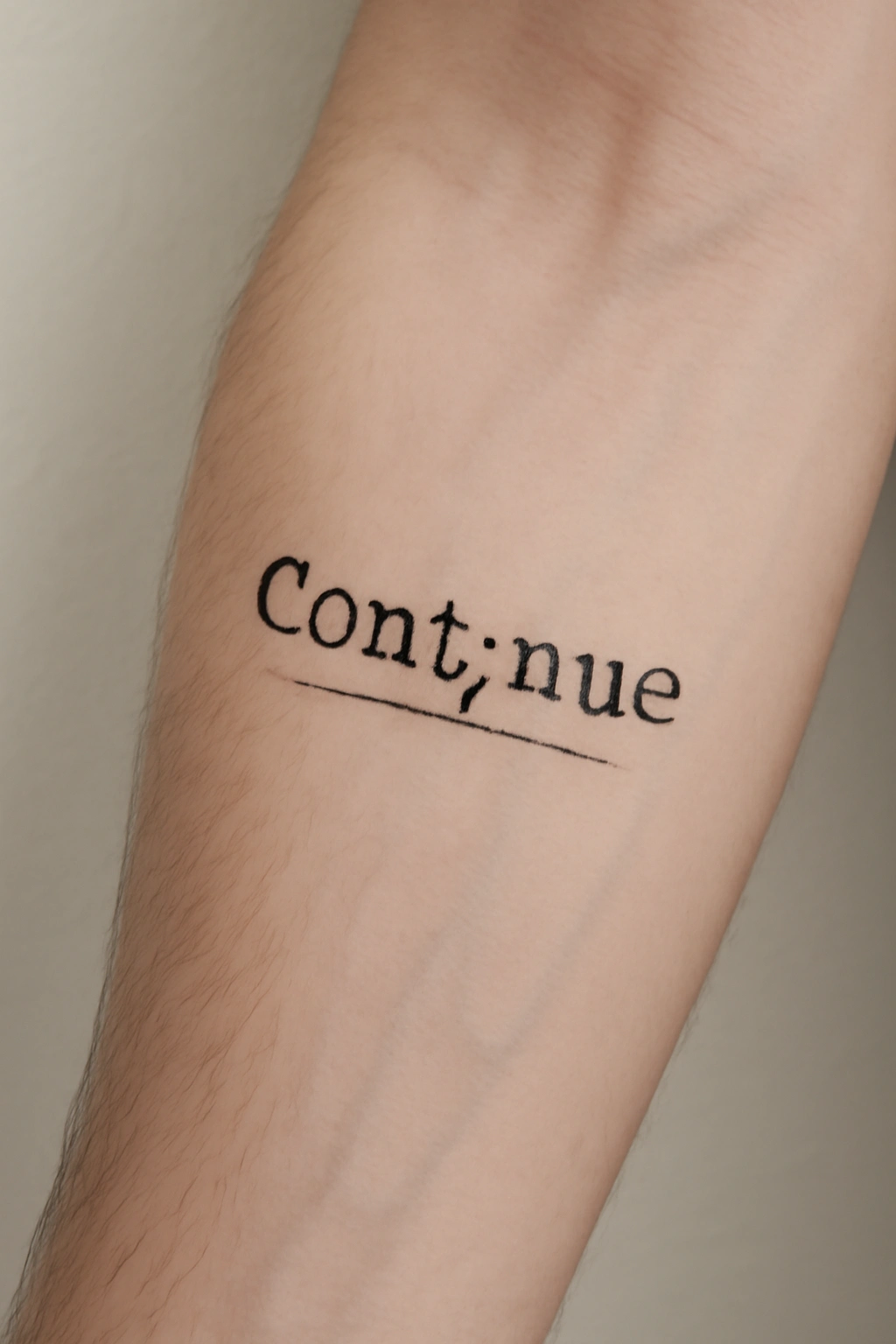 “Cont;nue” Forearm Semicolon Tattoo — Story Continuation