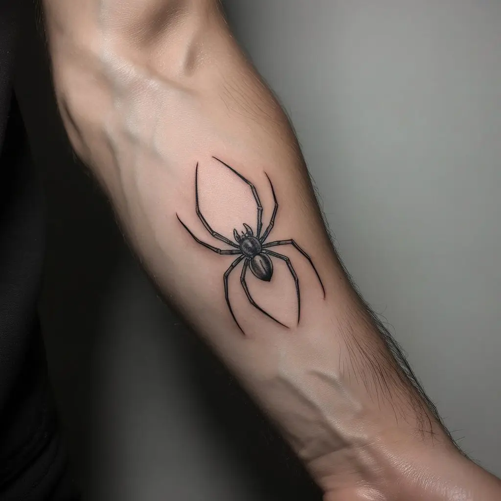 Small tattoos for men – minimalist spider linework tattoo on inner forearm, subtle and edgy design for modern style