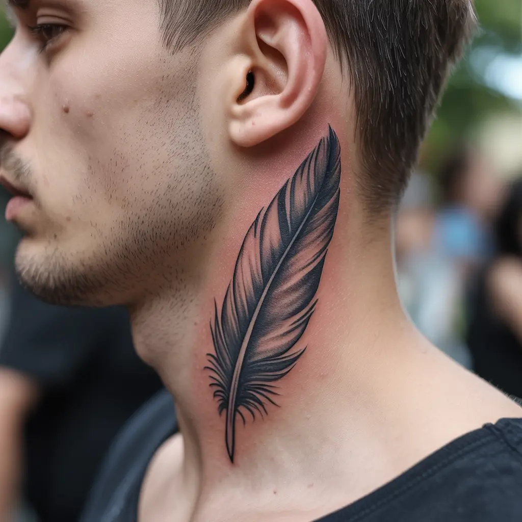 Feather Neck Tattoo
Realistic feather neck tattoo for men, featuring soft black shading on the side of the neck — a symbolic and stylish neck tattoo for men.