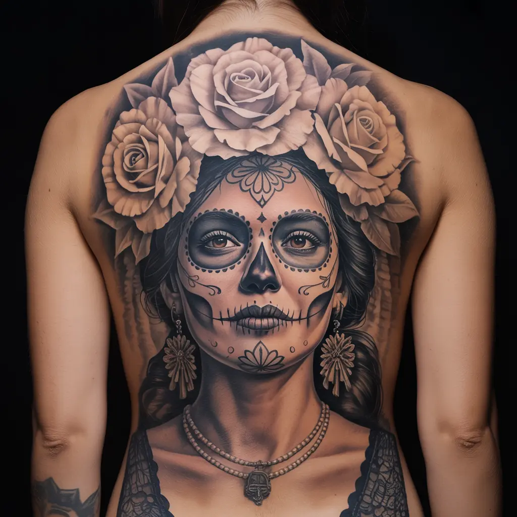 Realistic La Catrina back tattoo for women featuring detailed skull makeup and floral headpiece, inspired by Day of the Dead — Mexican tattoos with feminine symbolism.