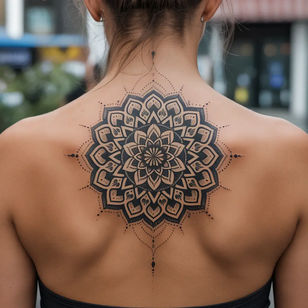 Intricate mandala hand tattoo for women with symmetrical patterns and fine linework, perfect for spiritual and ornamental design lovers.