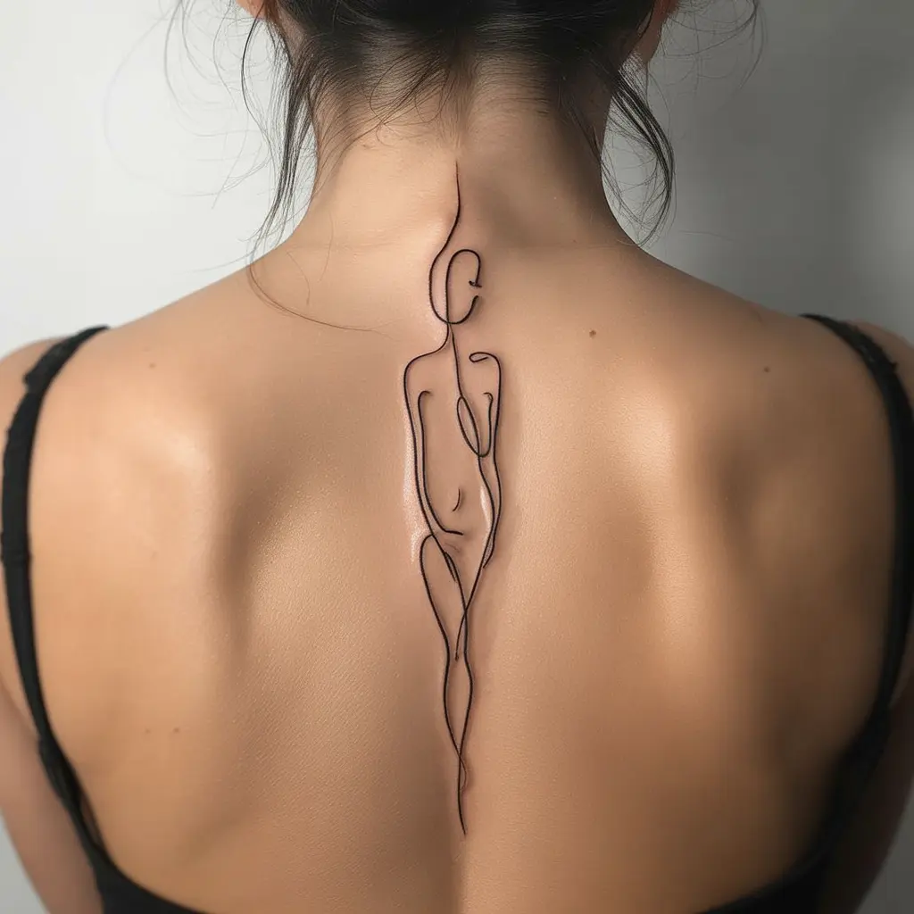 Realistic minimalist single-line spine tattoo for women featuring elegant black ink design flowing along the spine.