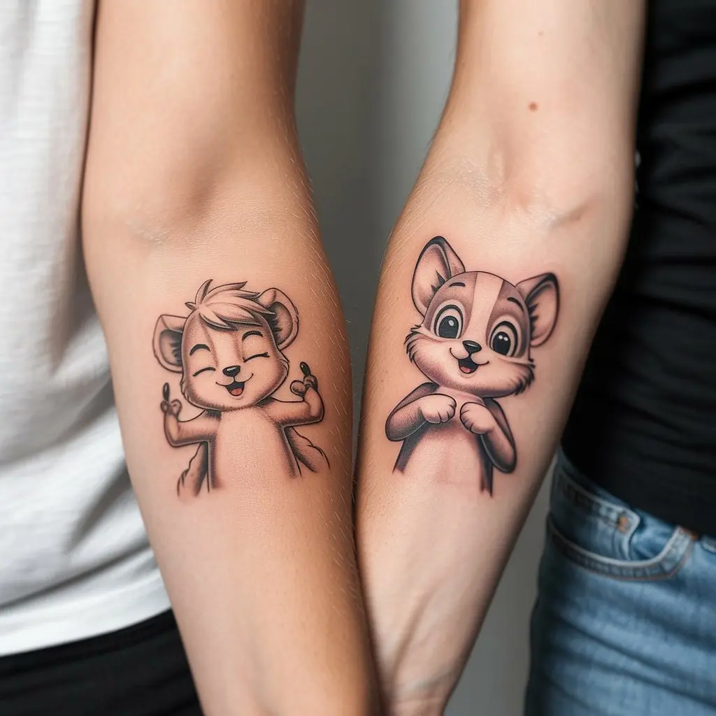 Playful & Adorable Connection – matching tattoos for best friends featuring cute and whimsical designs like cartoon characters, tiny animals, or playful symbols.

