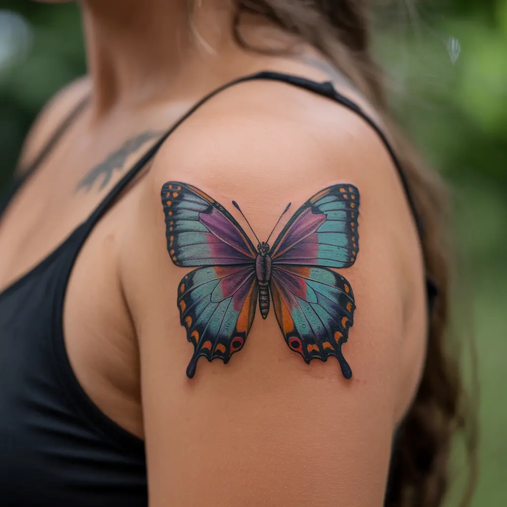 Realistic Butterfly Tattoo on Shoulder – Realistic butterfly tattoos for women featuring lifelike wing details on the shoulder with vibrant colors and natural shading.