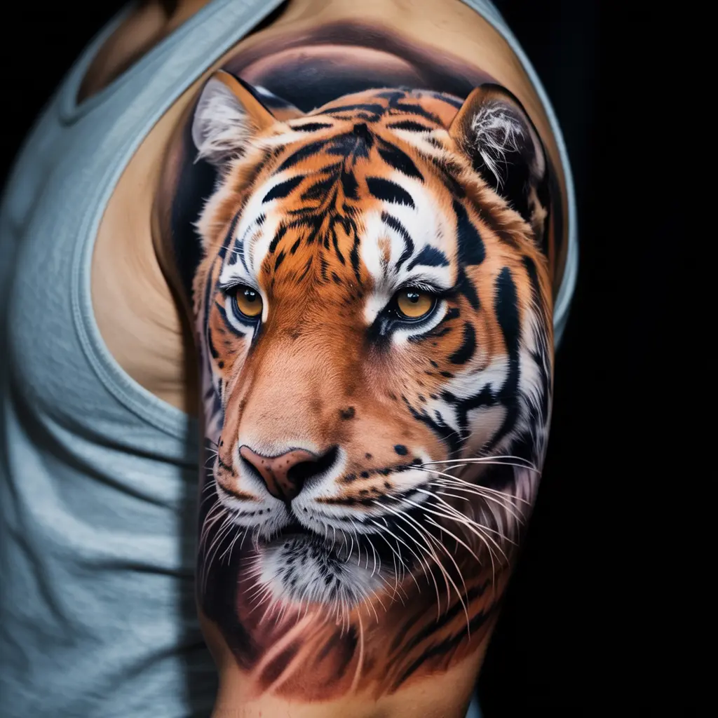 Realistic tiger tattoo design featuring a detailed tiger face inked on a muscular upper arm, showcasing lifelike fur and intense amber eyes.