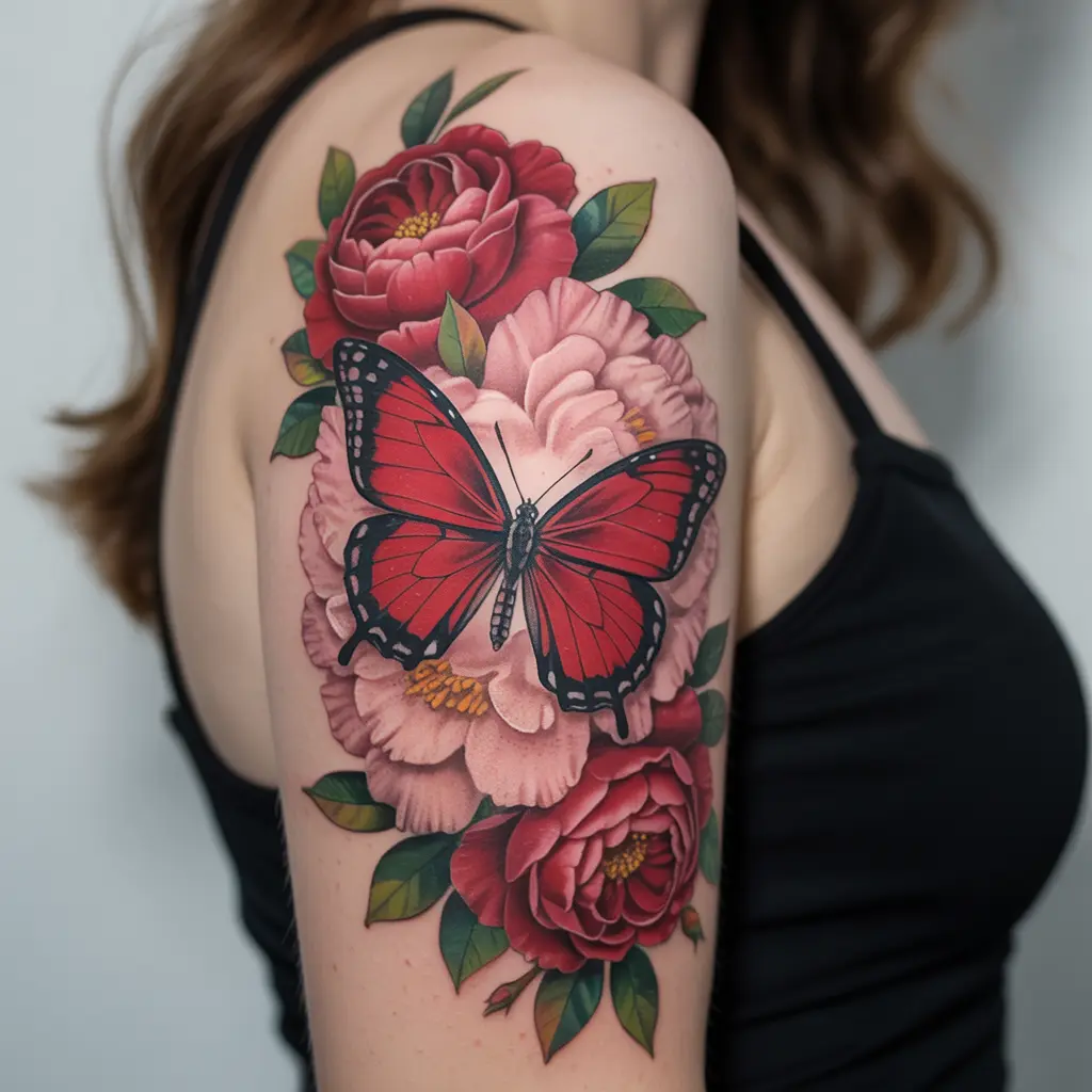 Realistic red butterfly tattoo with floral accents on upper arm – red butterfly tattoo with roses and peonies for women.