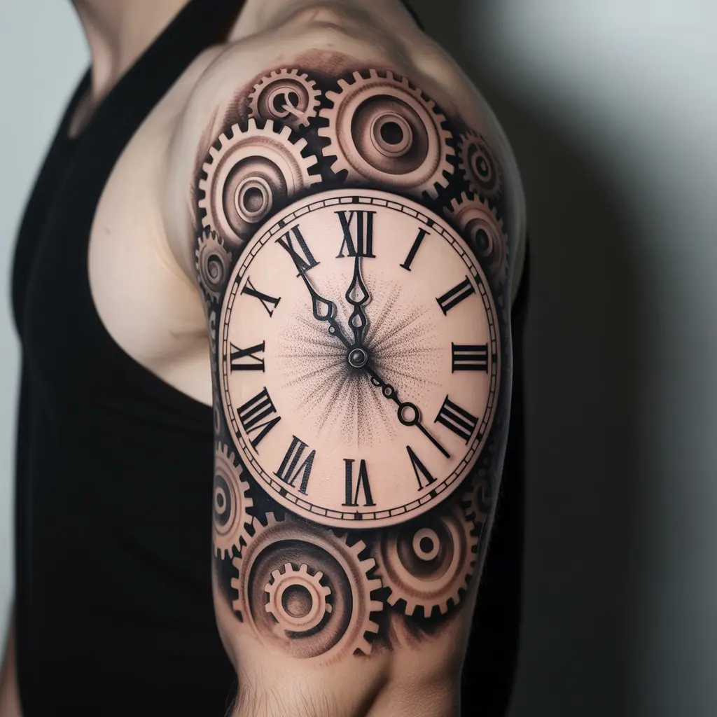 1. Roman Numeral Clock Tattoo
Alt Text:
Hyperrealistic Roman numeral clock tattoo on a man's forearm, featuring detailed clock hands and gears in black and grey ink — a bold choice in Roman numeral tattoos combining symbolism of time and precision.