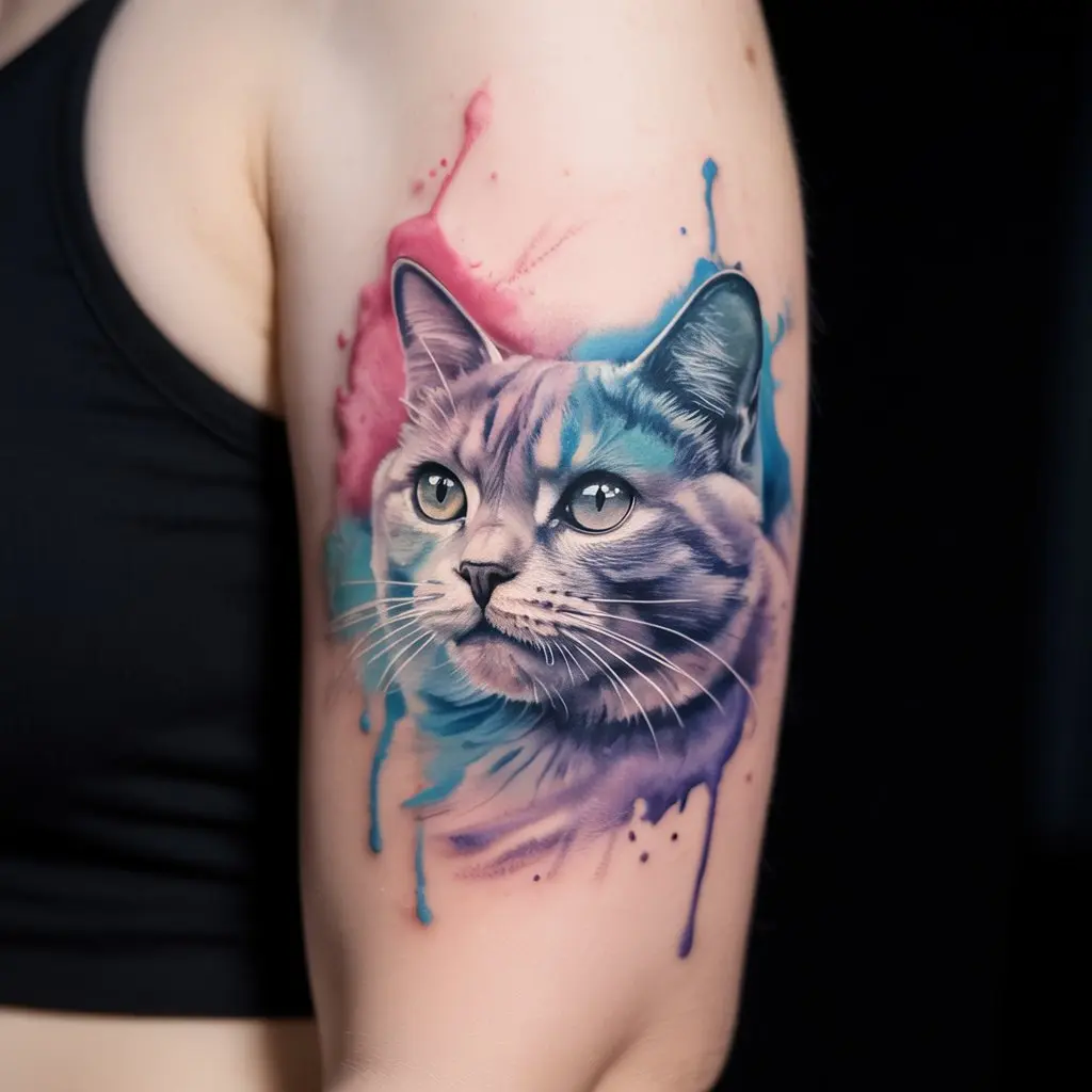 Watercolor Cat Portrait Realistic watercolor cat portrait tattoo in soft pastel tones, a unique choice for cat tattoos featuring gentle brushstroke effects on skin.
