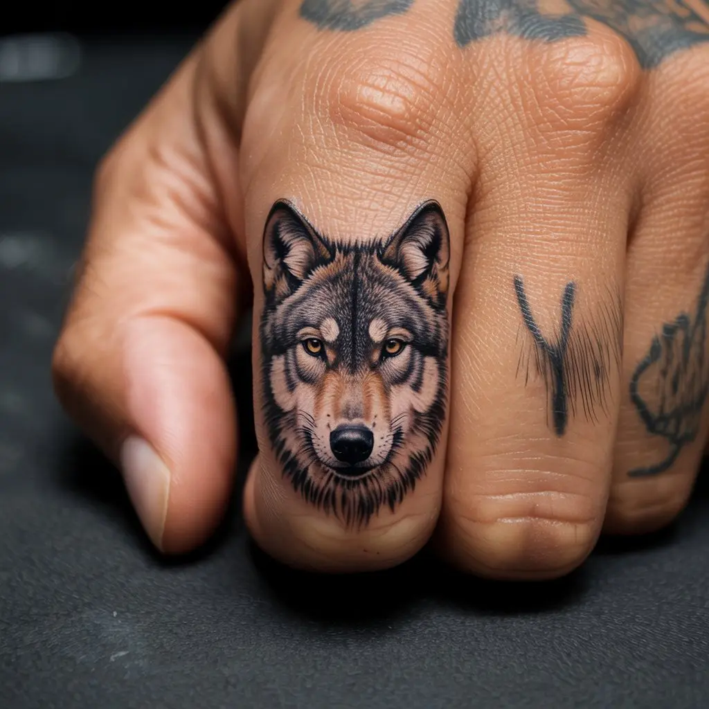 Wolf Head Finger Tattoo – Small wolf head design, realistic style, perfect example of bold and detailed finger tattoos for men.
