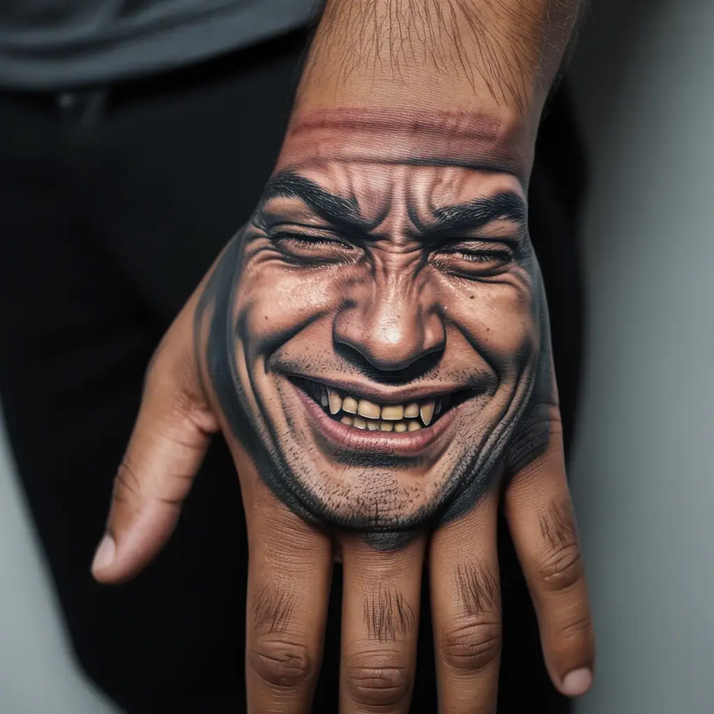 Small tattoos for men – creepy grin tattoo on palm, horror-inspired small hand ink with dark detail

