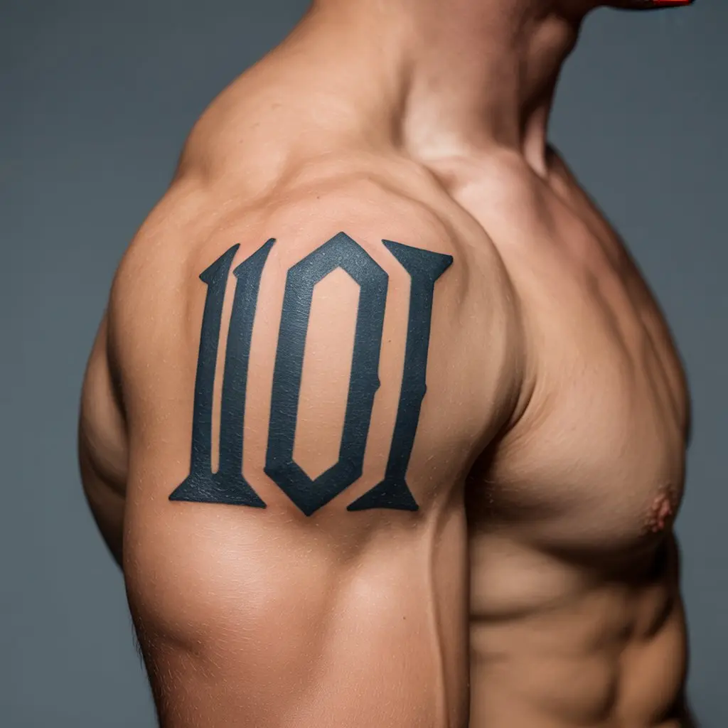 10. Bold Roman Numeral on the Shoulder
Alt Text:
Striking Roman numeral tattoo in thick black ink on a man’s shoulder, with defined lines and muscle contour — a powerful shoulder Roman numeral tattoo for men.