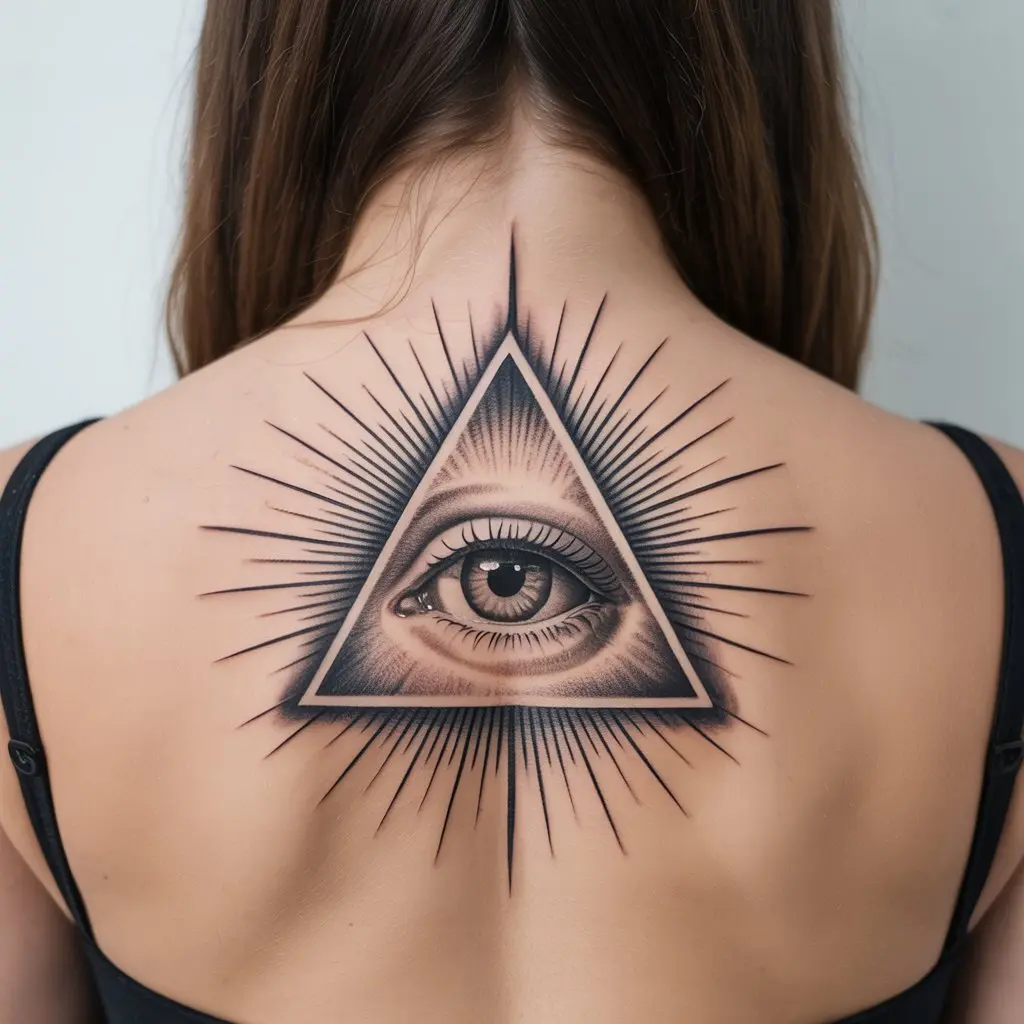 Eye of Providence hand tattoo for women with a mystical triangle-eye symbol in fine line style, ideal for spiritual symbolism.