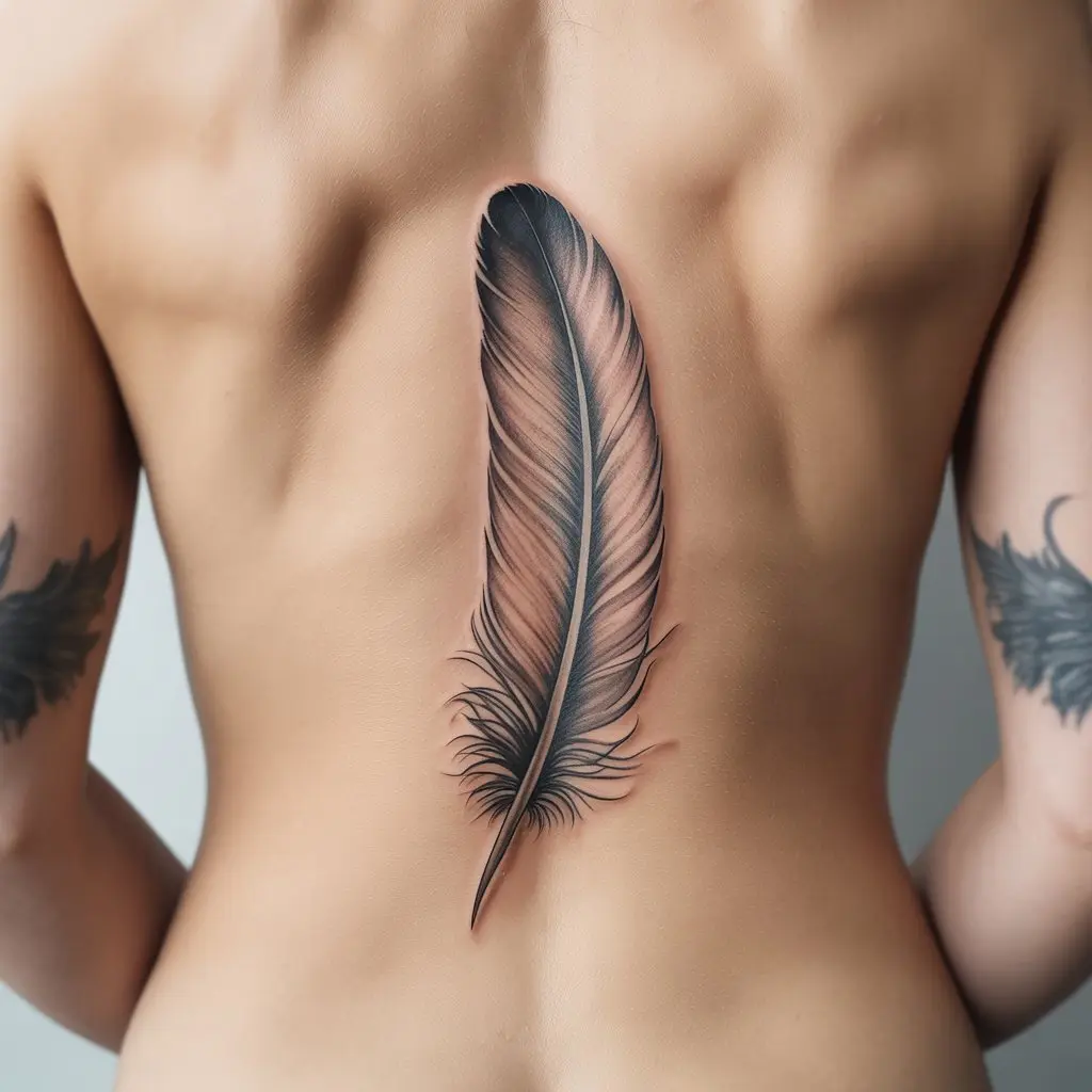 Feather quill spine tattoo for women with soft black and grey ink forming a vertical feather design.

