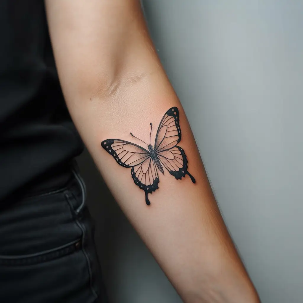 Geometric Butterfly Tattoo on Forearm – Geometric butterfly tattoos for women on the forearm, precise lines and symmetrical ink patterns.

