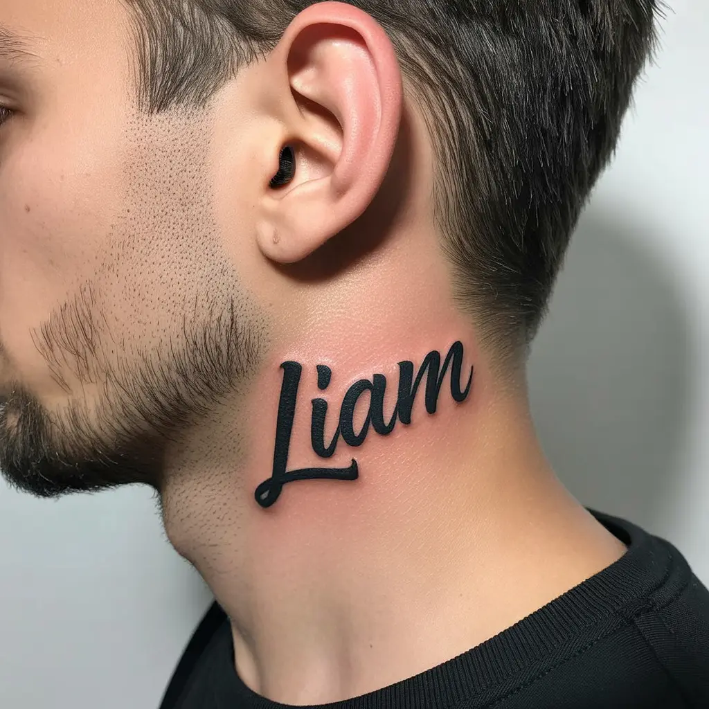 Personalized Neck Tattoo
Custom name neck tattoo for men, featuring the name ‘Liam’ in black handwritten script on the side of the neck — bold and personal.