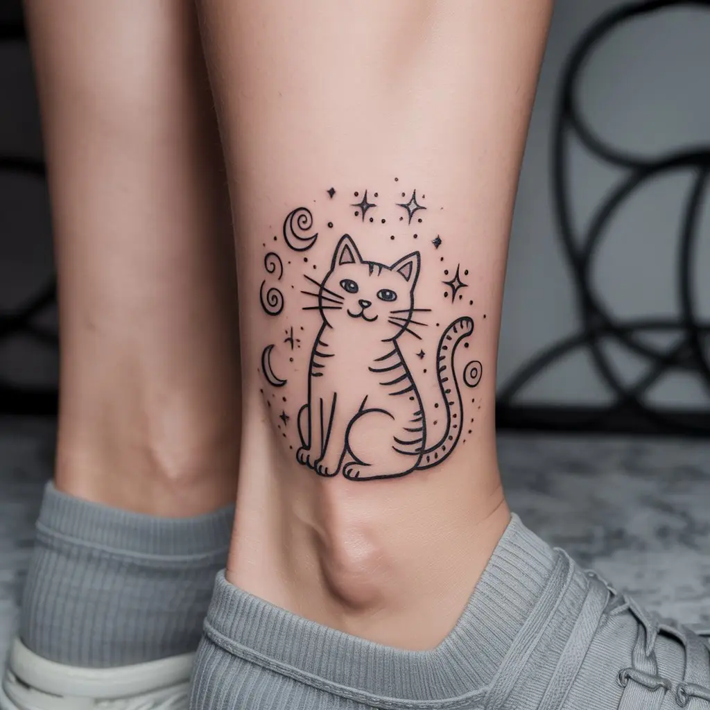 Playful Cat Doodle With Whimsical Elements Fun and whimsical cat doodle tattoo with stars and moons, a charming cat tattoo design with lighthearted appeal.