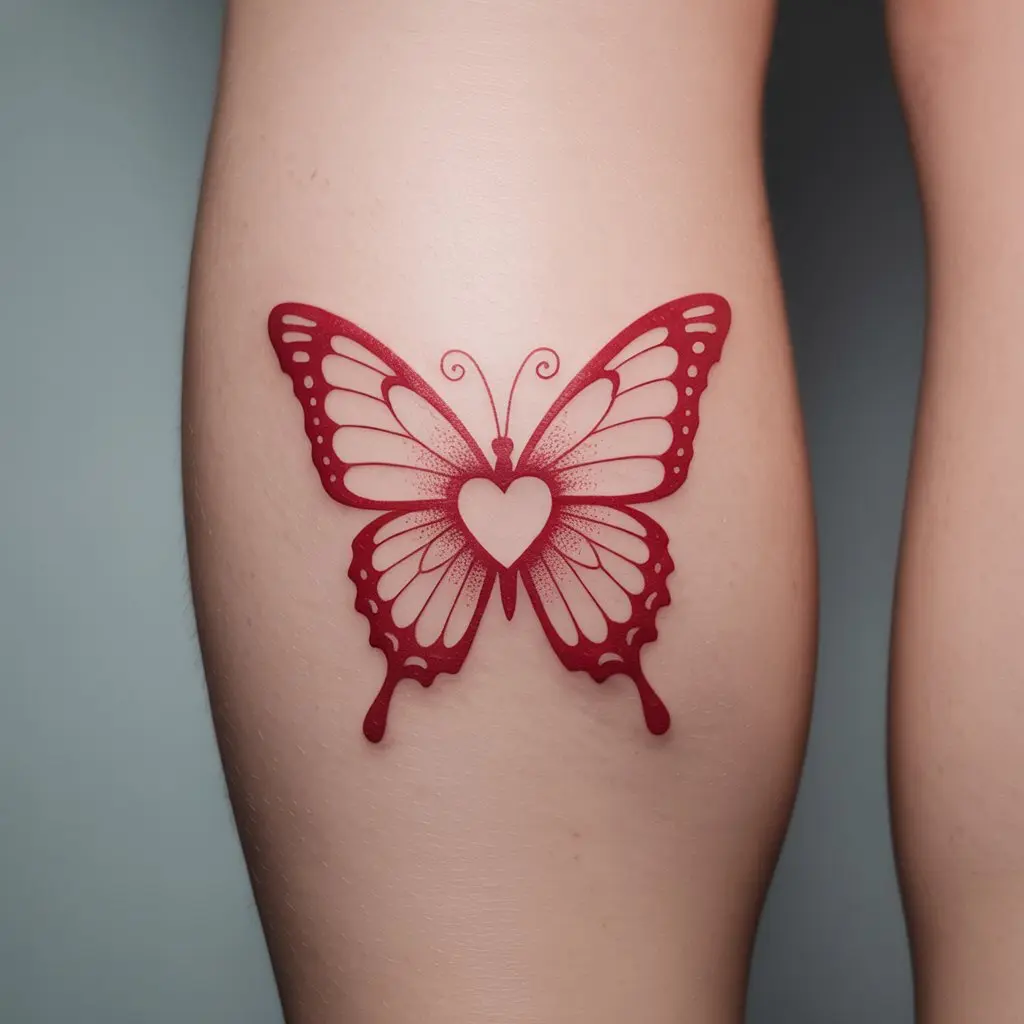 Red butterfly tattoo with heart-shaped body on calf – romantic red butterfly tattoo with whimsical design.

