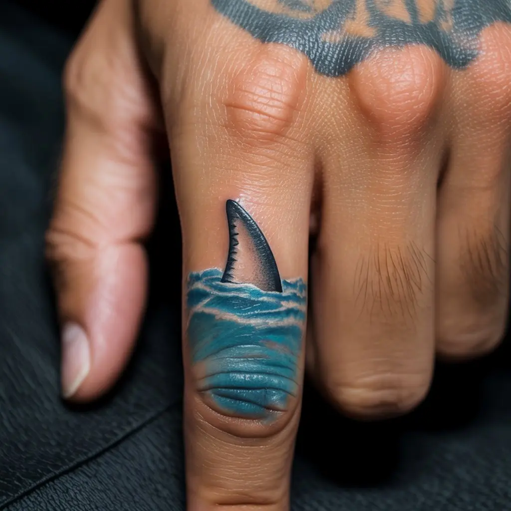 Shark Fin Finger Tattoo – Minimalist shark fin in waves tattooed on a man’s finger, unique finger tattoos for men.

