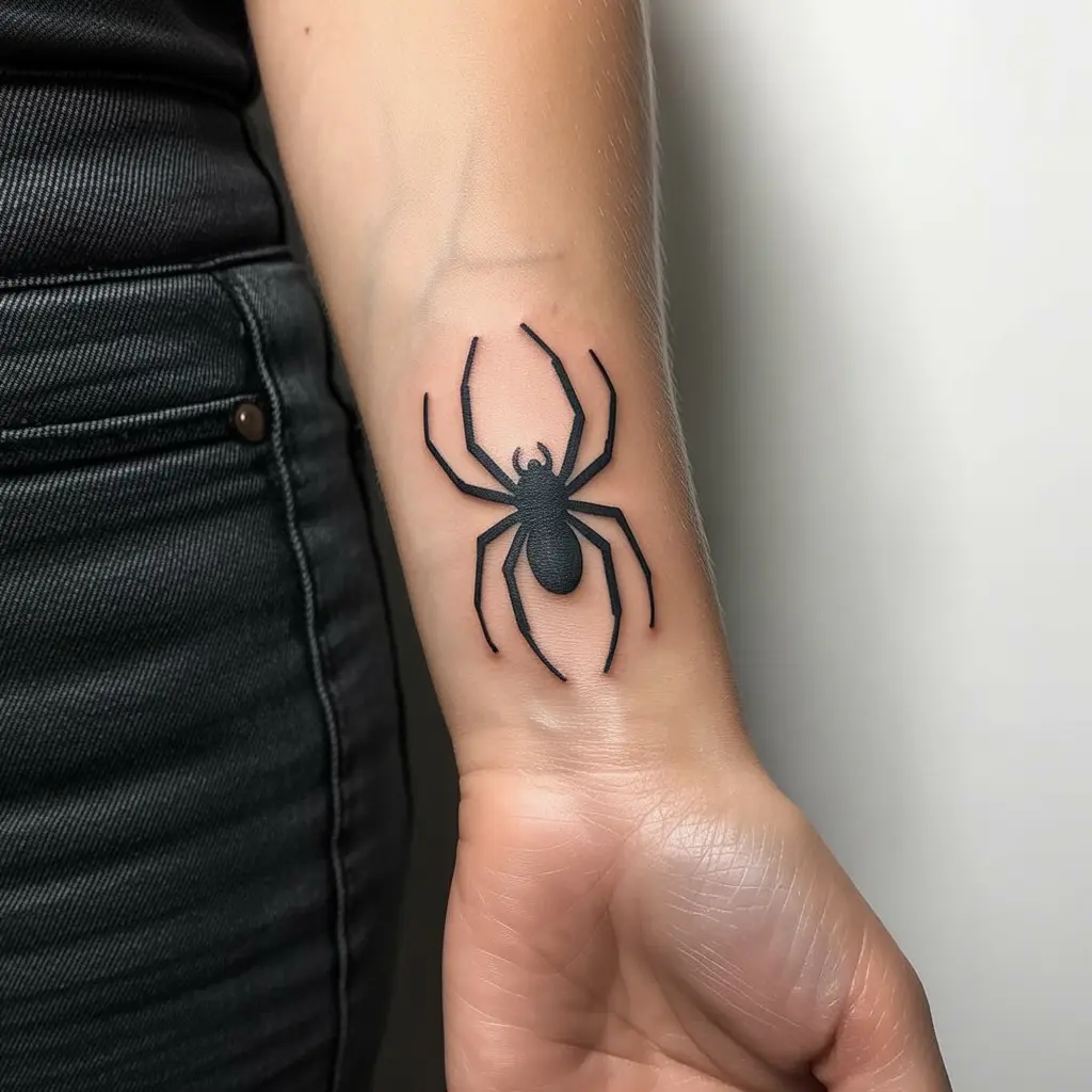 Simple spider silhouette tattoo design on the wrist, clean black Spider Tattoo Design perfect for minimalist body art.