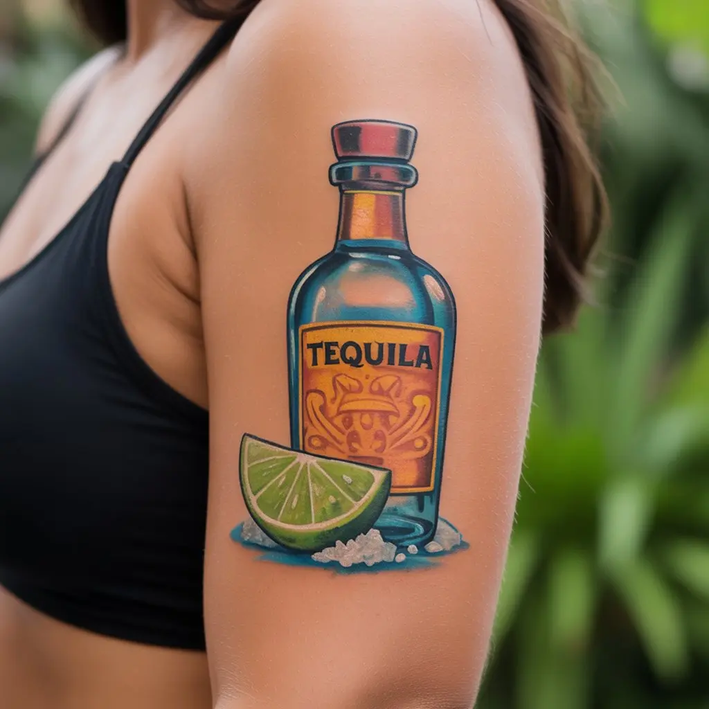Colorful tattoo of a tequila bottle with lime and salt on a woman’s upper arm — playful and festive Mexican tattoo concept.