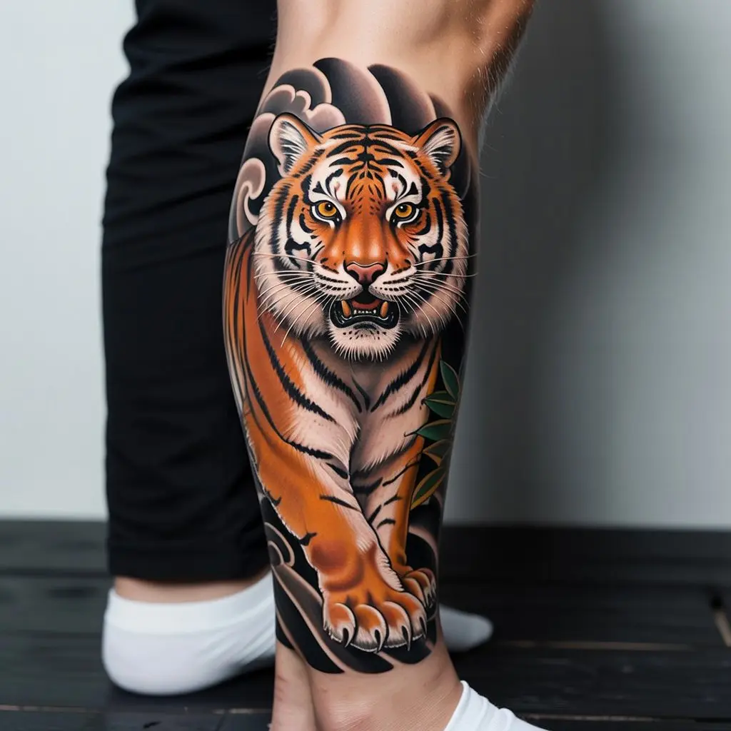 Traditional tiger tattoo design inspired by Japanese art, inked on the calf with bold lines and realistic color blending.