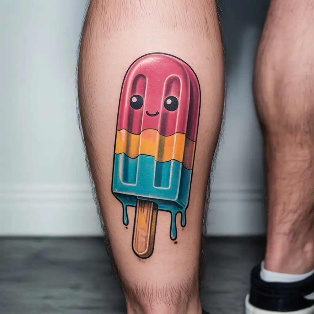 Small tattoos for men – quirky melting popsicle tattoo with cartoon face, colorful and fun leg design

