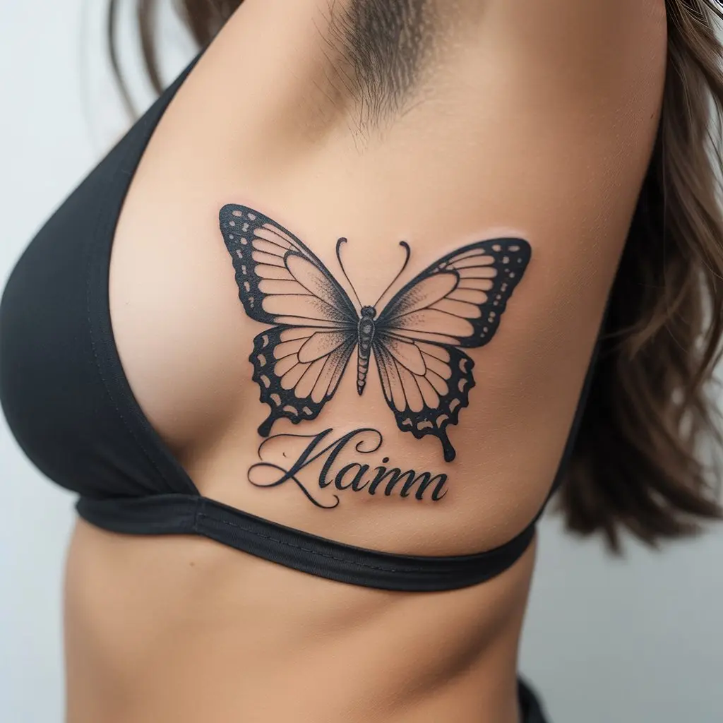 Butterfly with Name Lettering Tattoo on Rib Cage – Personalized butterfly tattoos for women with name lettering on the rib cage, elegant and meaningful.


