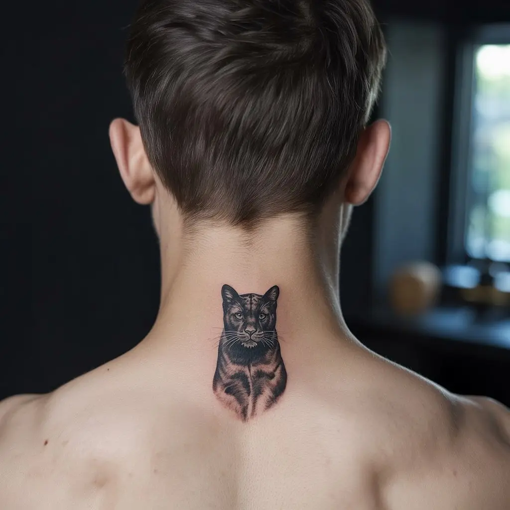 Cat Neck Tattoo
Panther-style cat neck tattoo for men, placed on the back of the neck with realistic black and grey shading for a fierce, wild look.