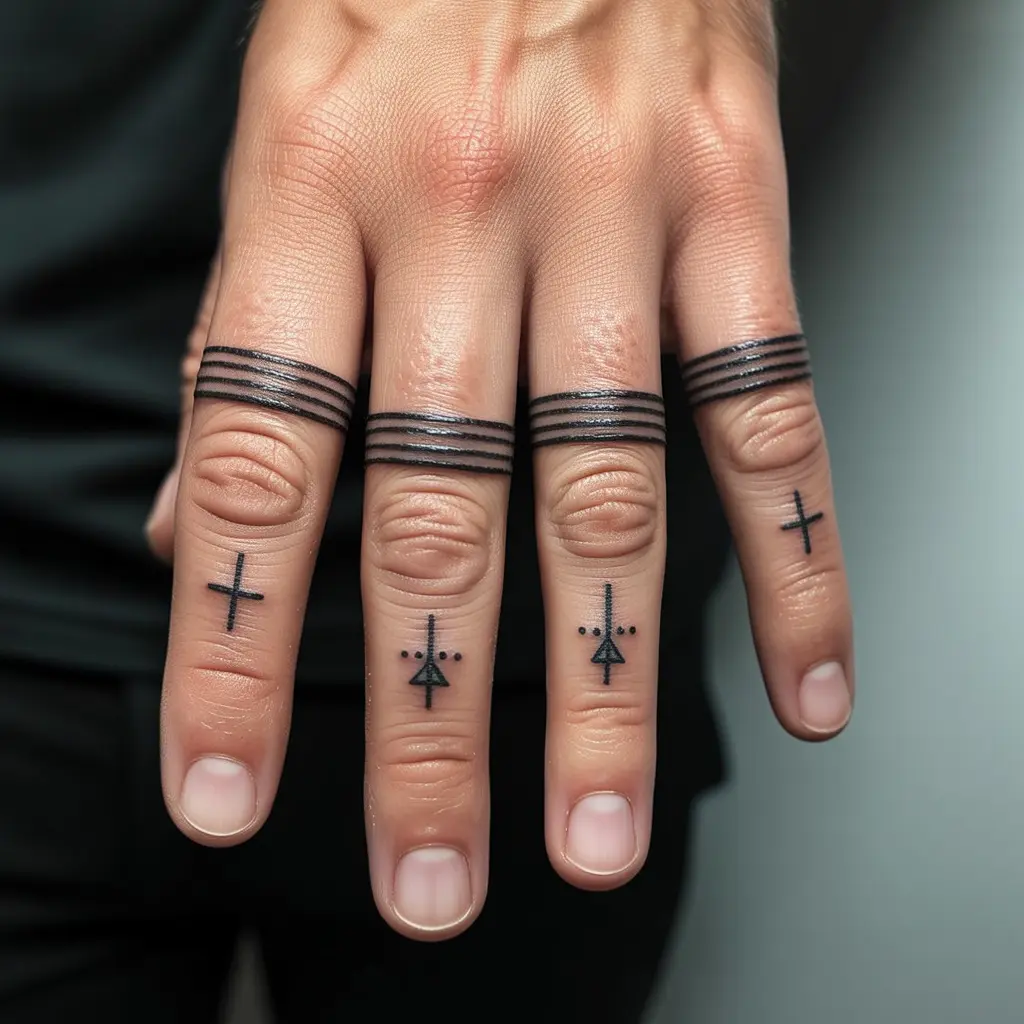 Stylish finger band hand tattoos for women with minimalist black line rings and tiny symbols wrapping around each finger.