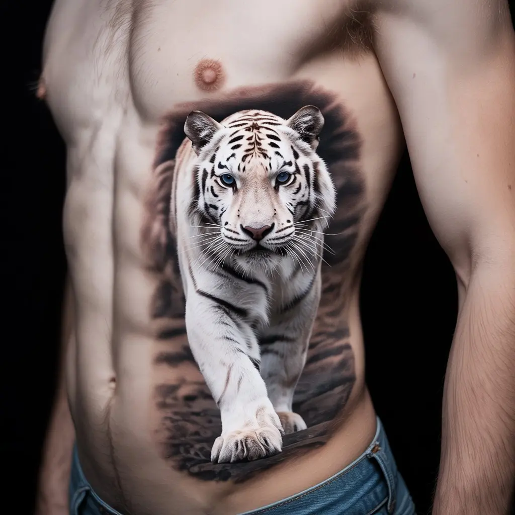 White tiger tattoo design walking forward with blue eyes, placed along the ribcage in a majestic and detailed style.