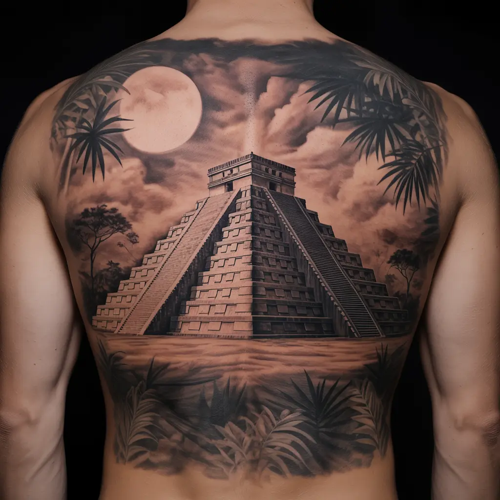 Realistic Mayan pyramid lower back tattoo surrounded by jungle elements — ancient architecture-inspired Mexican tattoos.