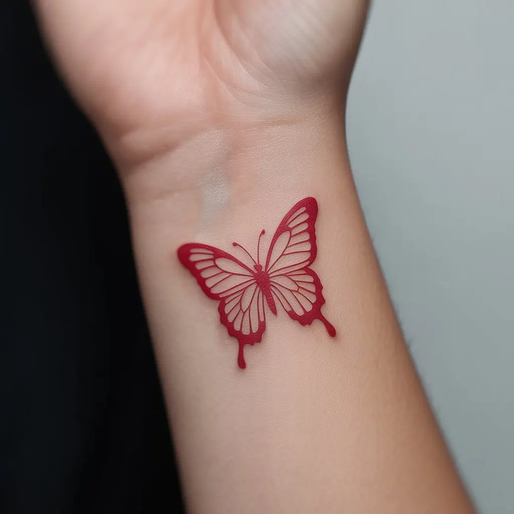 Minimalist red butterfly outline tattoo in fine red ink on wrist – simple red butterfly tattoo for women.

