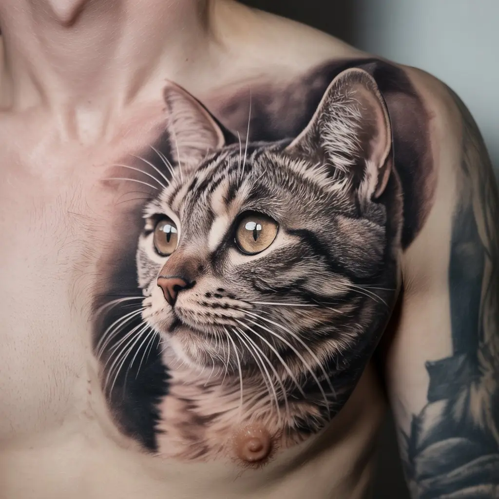 Realistic Cat Portrait With Intricate Details Highly detailed realistic cat portrait tattoo showing lifelike fur and eyes, ideal for custom cat tattoos based on real pets.