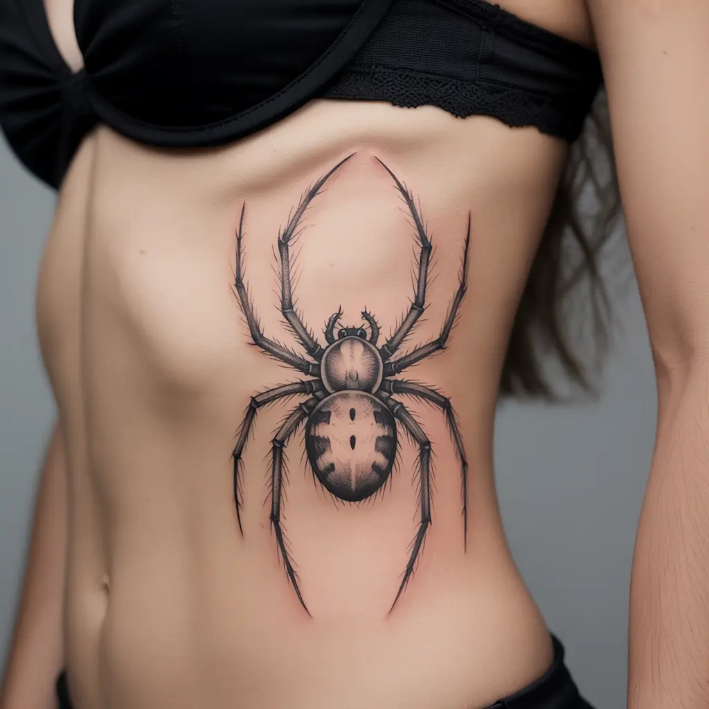 Sketch style spider tattoo design on a woman’s ribcage, pencil-drawn effect for a raw and artistic spider tattoo.