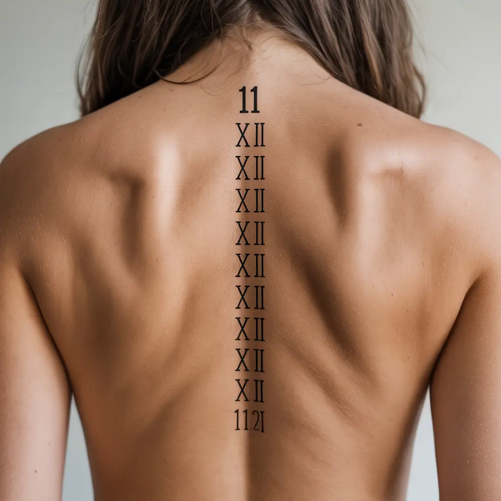 11. Stacked Roman Numerals in a Vertical Line
Alt Text:
Vertical stack of Roman numerals down a woman's spine, aligned perfectly for a symmetrical and meaningful design — a popular spine Roman numeral tattoo for women.

