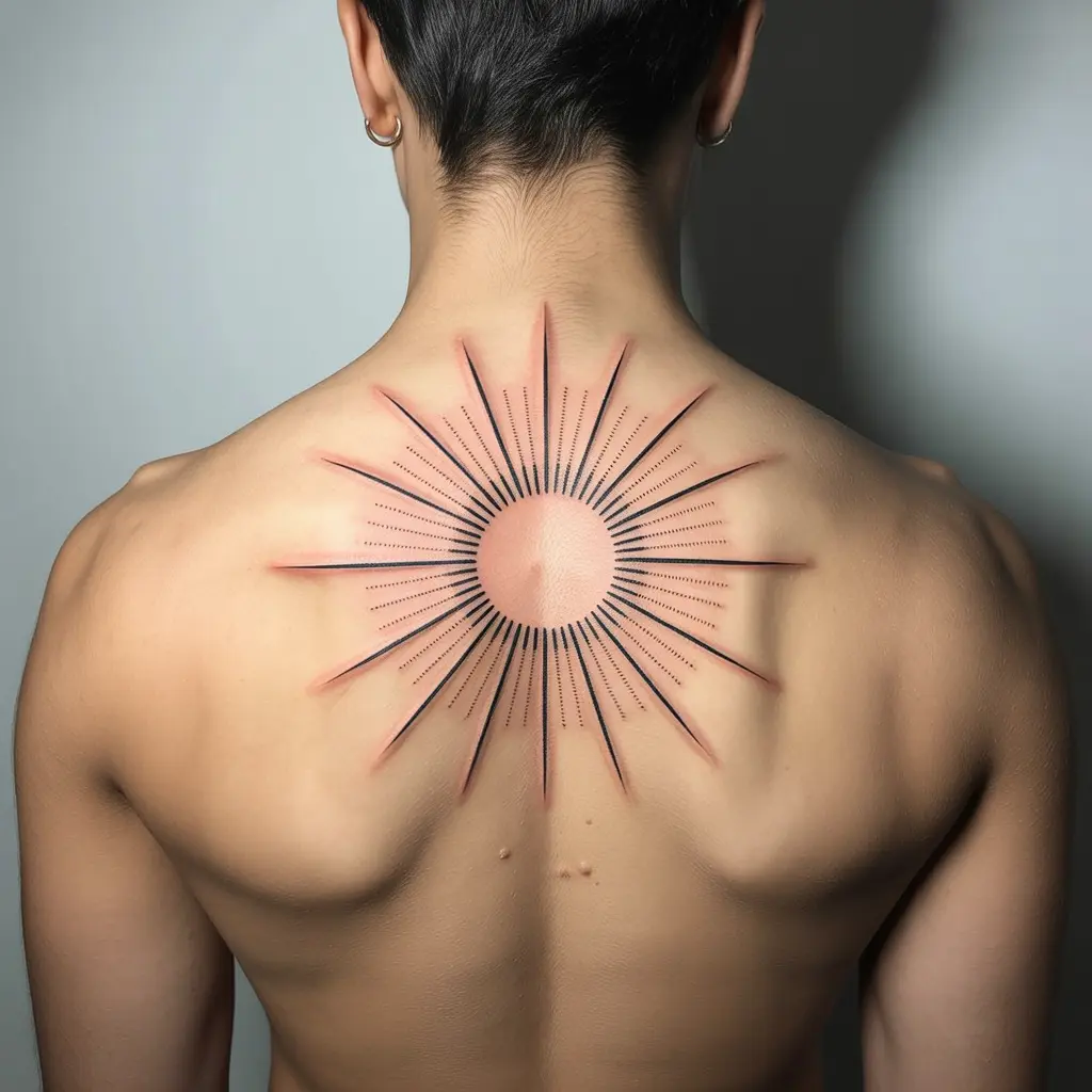 Sunburst with rays spine tattoo for women showing radiant sun lines extending from the upper back.

