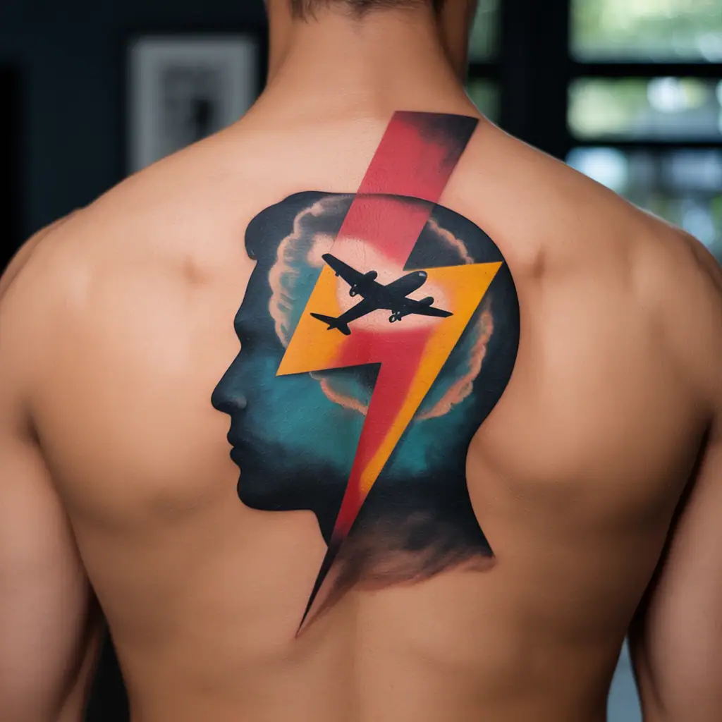 Small tattoos for men – abstract head silhouette tattoo with lightning and airplane, upper back placement, modern creativity

