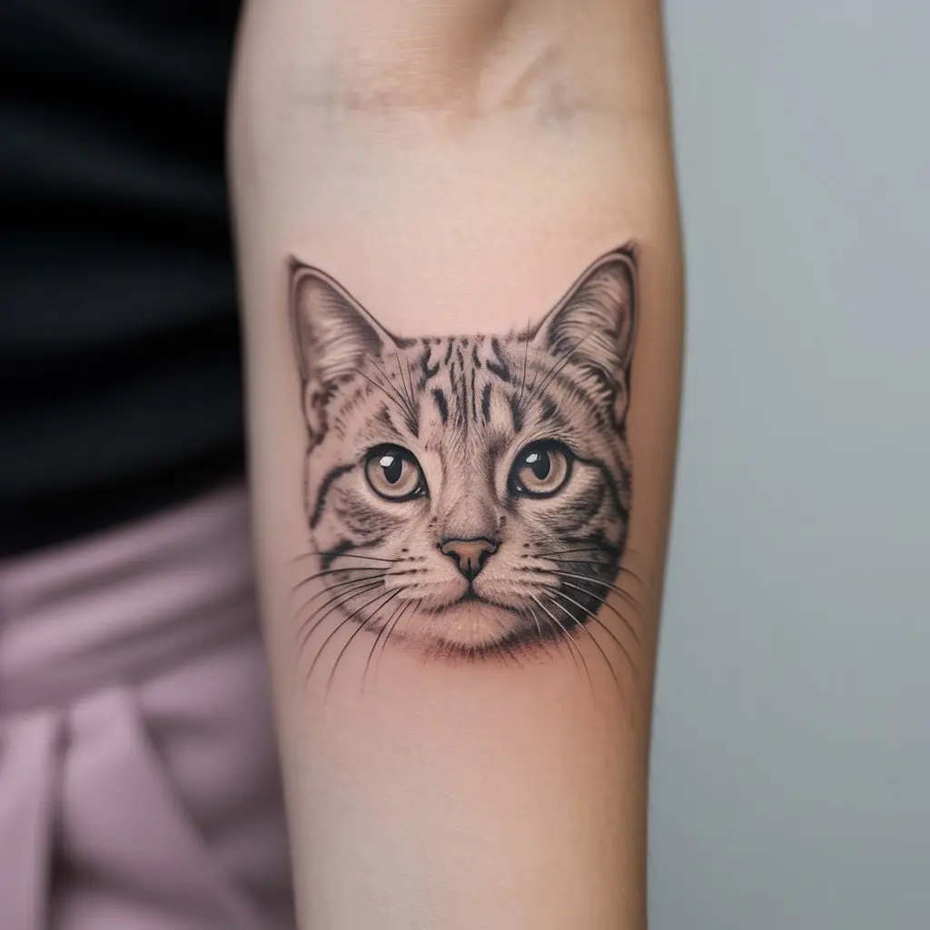 Cat With a Heart-Shaped Nose and Whiskers Charming tattoo of a cat face with a heart-shaped nose and long whiskers, a sweet and minimalist option for cat tattoos.