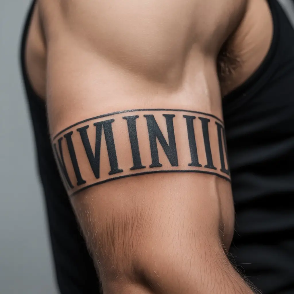 12. Curved Roman Numerals Around the Arm
Alt Text:
Curved Roman numeral tattoo wrapping around a man’s upper arm like a band, giving a clean and structured look — an excellent choice for Roman numeral arm band tattoos.