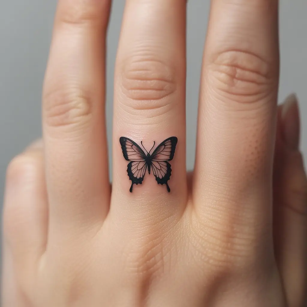Delicate Butterfly Tattoo on Finger – Tiny delicate butterfly tattoos for women on the finger, fine linework and minimalist style.


