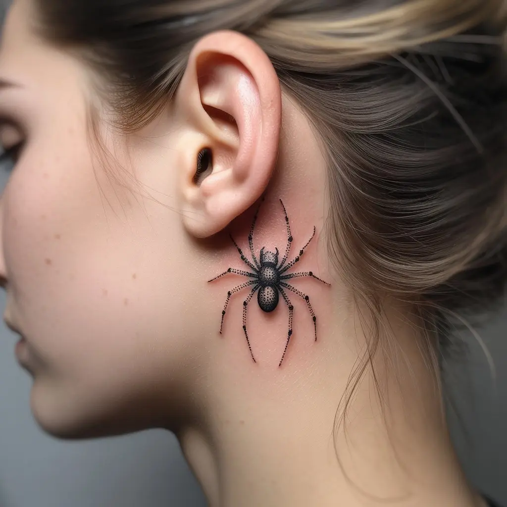 Dotwork spider tattoo design behind the ear, elegant and detailed Spider Tattoo Design created with stippling technique.