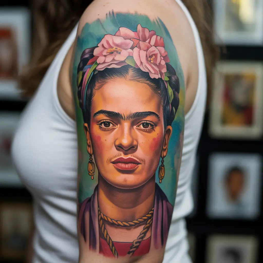 Frida Kahlo portrait tattoo in full color on a woman’s upper arm — artistic Mexican tattoo honoring feminist icon.