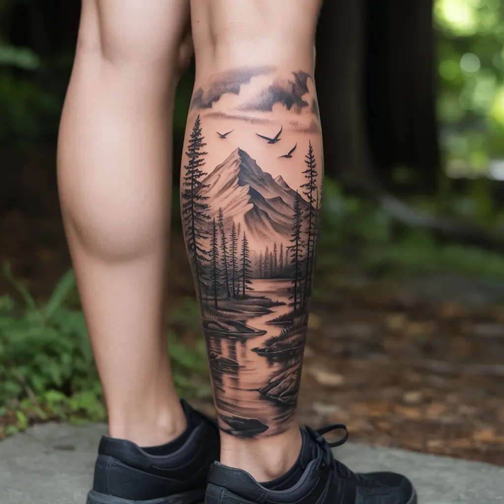 Hand tattoos for women featuring miniature nature scenes like mountains, trees, and rivers in black and grey realism style.