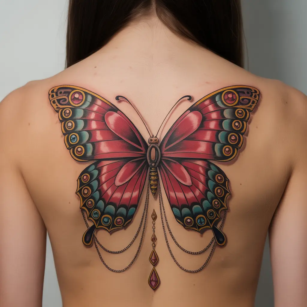 Ornate red butterfly tattoo with jewelry accents on lower back – luxury red butterfly tattoo with gold details.

