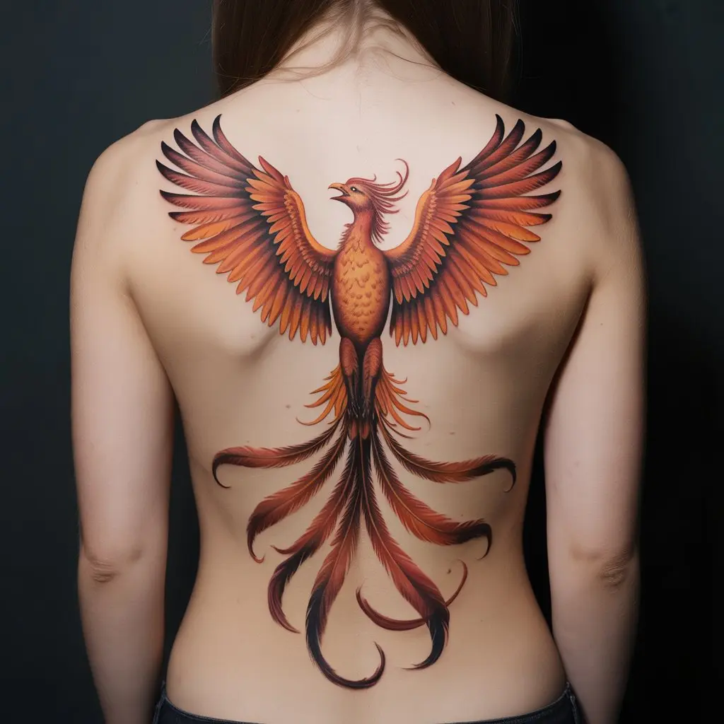 Phoenix rising spine tattoo for women with fiery wings and tail feathers aligned along the spine.

