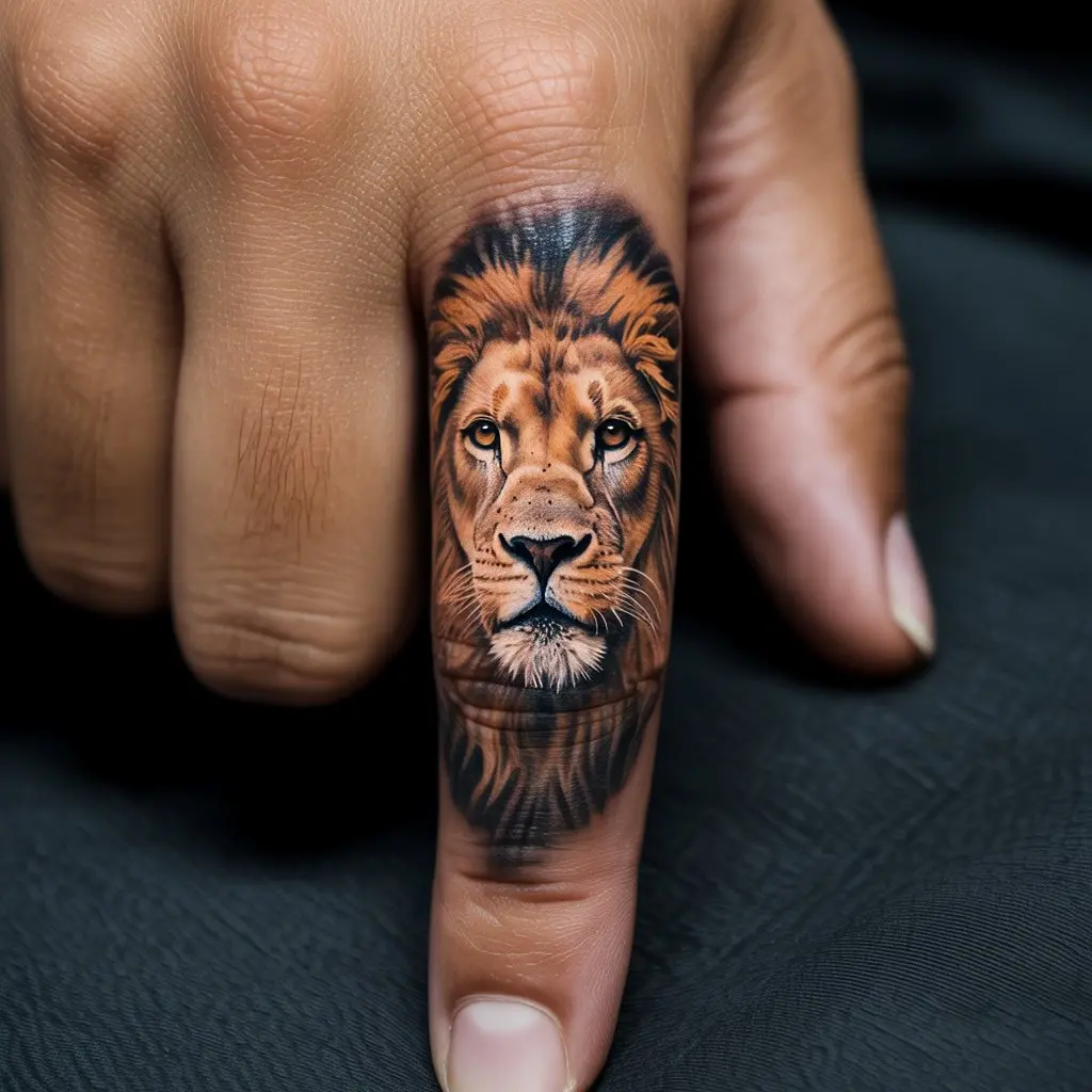 Realistic Lion Head Finger Tattoo – Lifelike lion head inked on a man’s finger, powerful and detailed finger tattoos for men.


