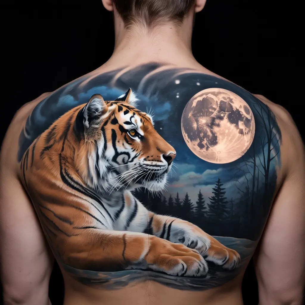 Tiger tattoo design showing a lifelike tiger gazing at a full moon, tattooed on the upper back with night-themed ambiance.