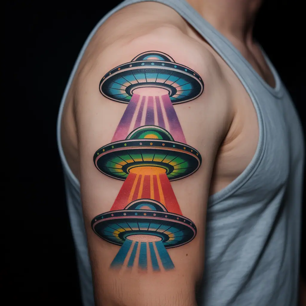 Small tattoos for men – three colorful UFO tattoos on upper arm, sci-fi themed body art with vibrant shades

